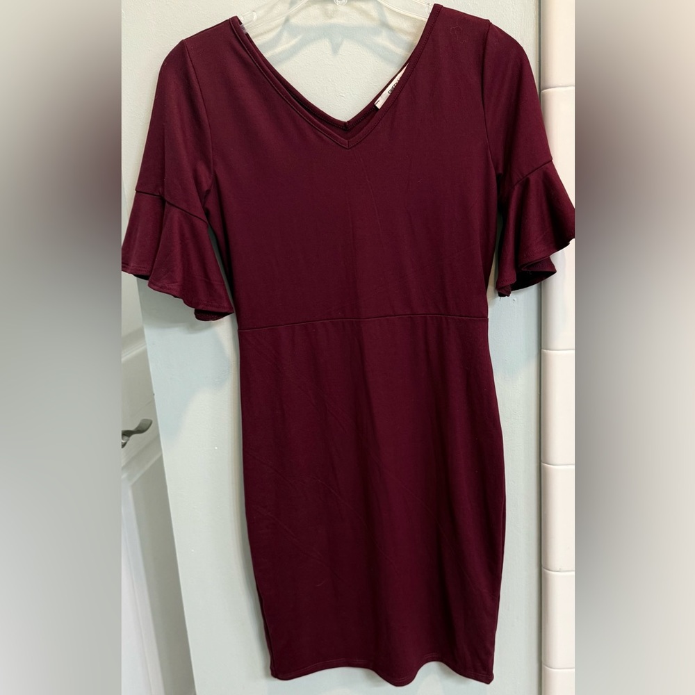 Elegant Burgundy Ruffle Sleeve Mini Dress
